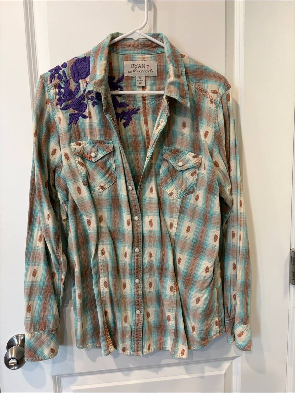 Ryan Michael Teal Plaid Button-Down Shirt with Purple Embroidery